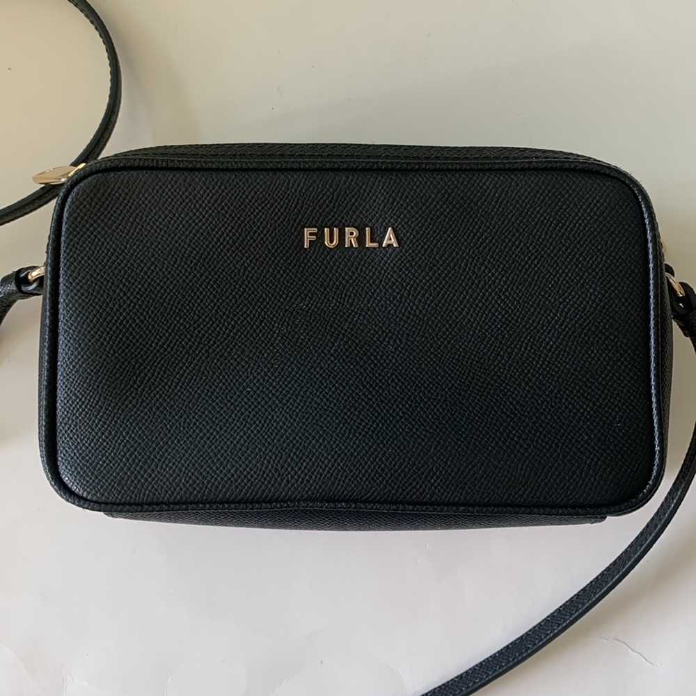 Furla Black Textured Leather Crossbody Camera Bag with Gold Logo